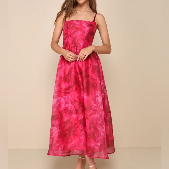 Lulus Dresses & Skirts - Lulu's Darling Icon Dark Pink Floral Organza Lace-Up Midi Dress